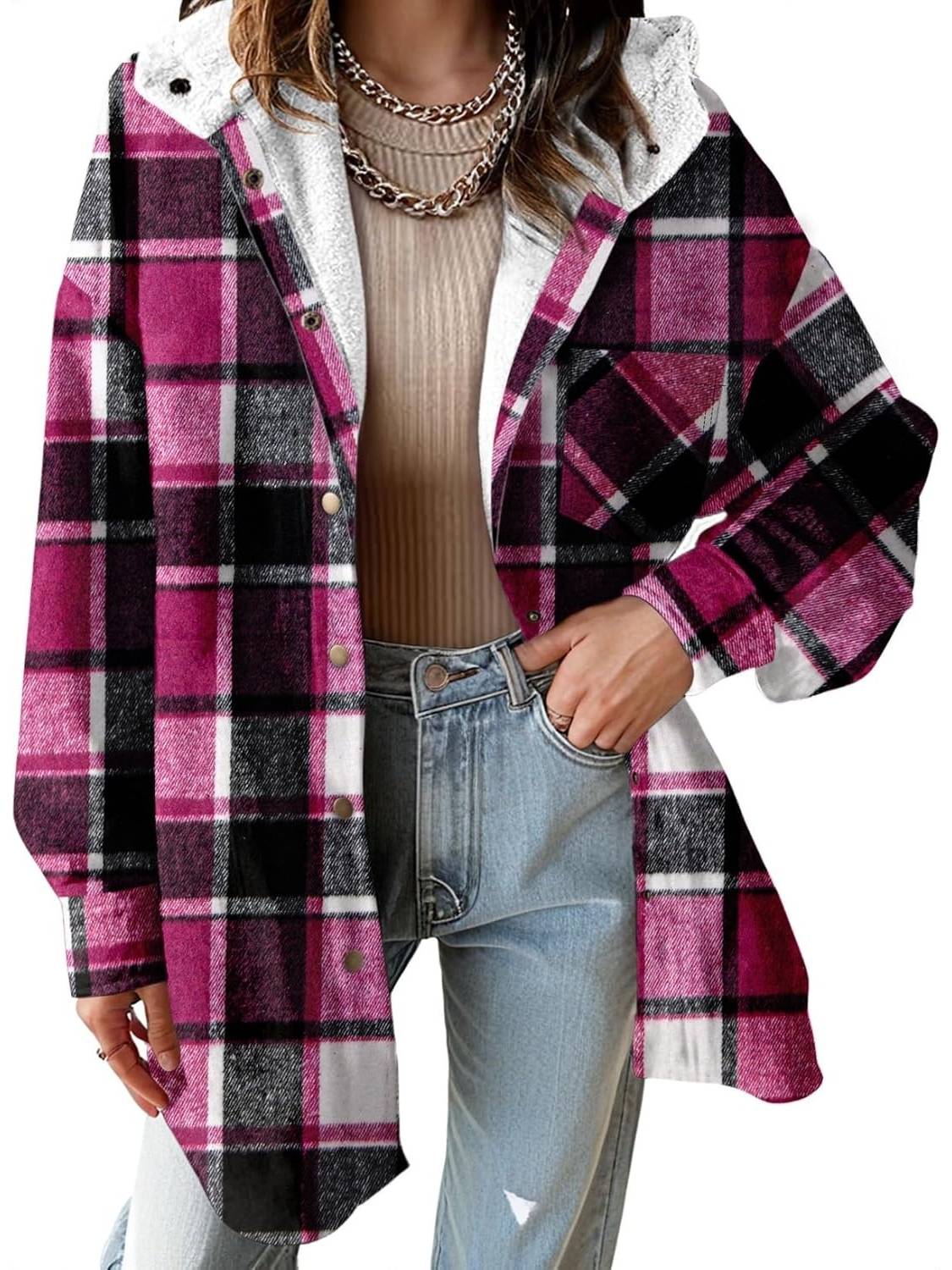 Women's Flannel Hooded Button down Fleece Plaid Shacket