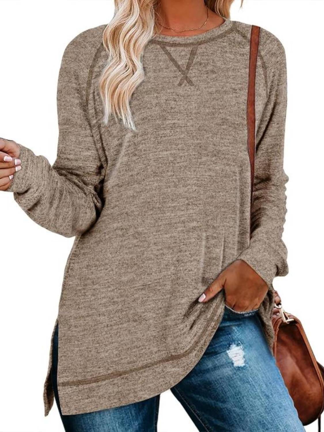  Women Fall Side slit Long Sleeve Shirts Tunic Tops 