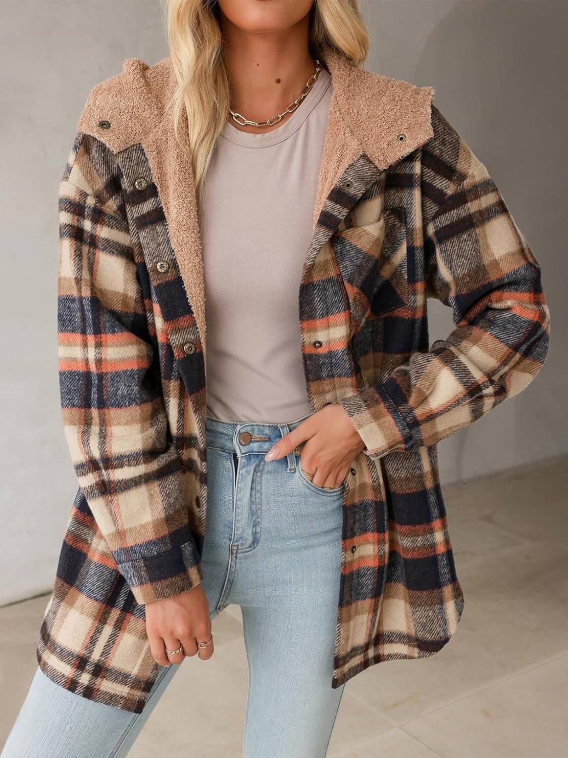 Women's Flannel Hooded Button down Fleece Plaid Shacket