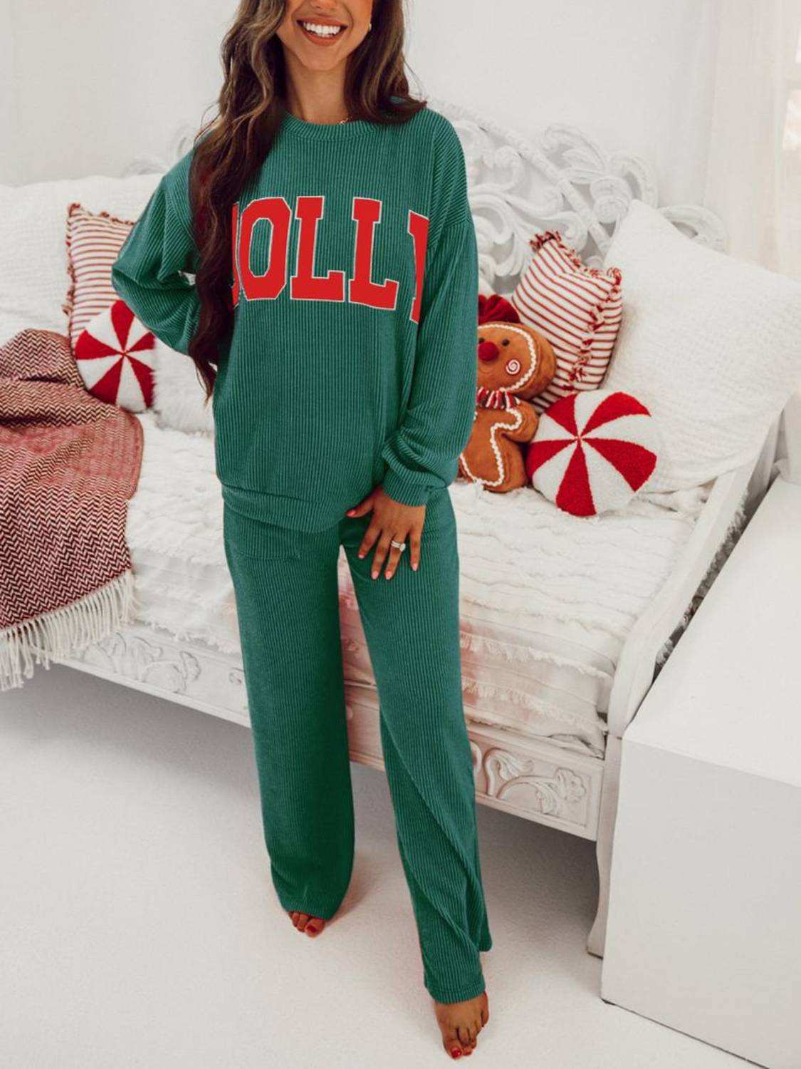 Womens JOLLY Graphic Christmas  Ribbed Long Sleeve Top and Pants 2 Piece Set 