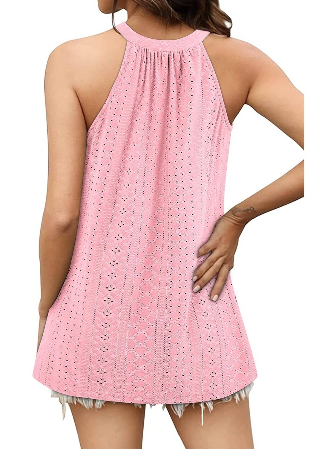 Women Casual Pleated Eyelet Loose Fit High Neck Sleeveless Halter Tank Tops