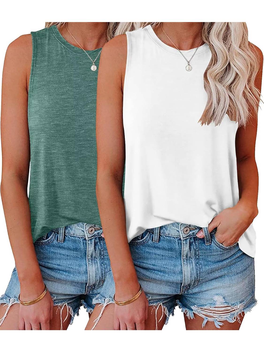 Womens Crew Neck Sleeveless Loose Fit Casual 2 Pack Tank Tops 