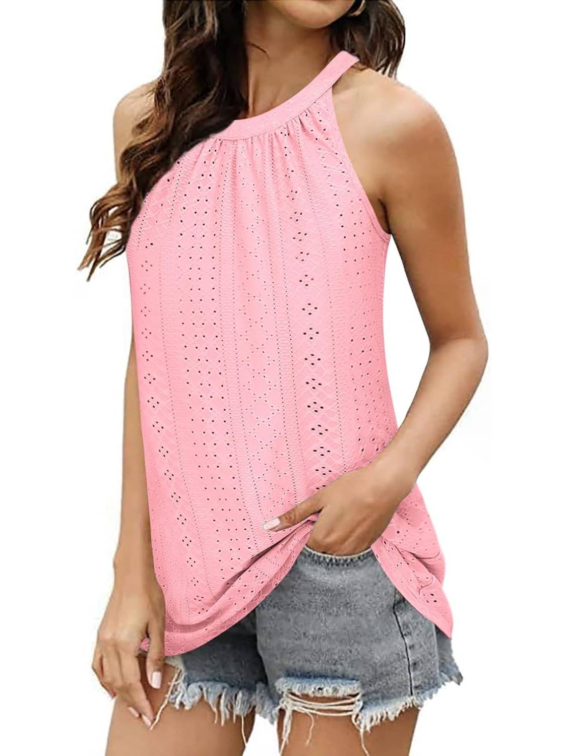 Women Casual Pleated Eyelet Loose Fit High Neck Sleeveless Halter Tank Tops