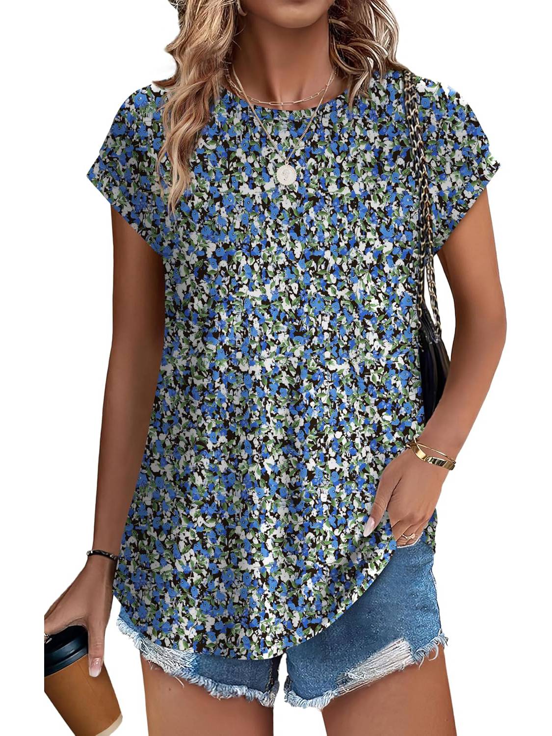 Womens Printing Dressy Casual Cap Sleeve Tops with Curved Hem