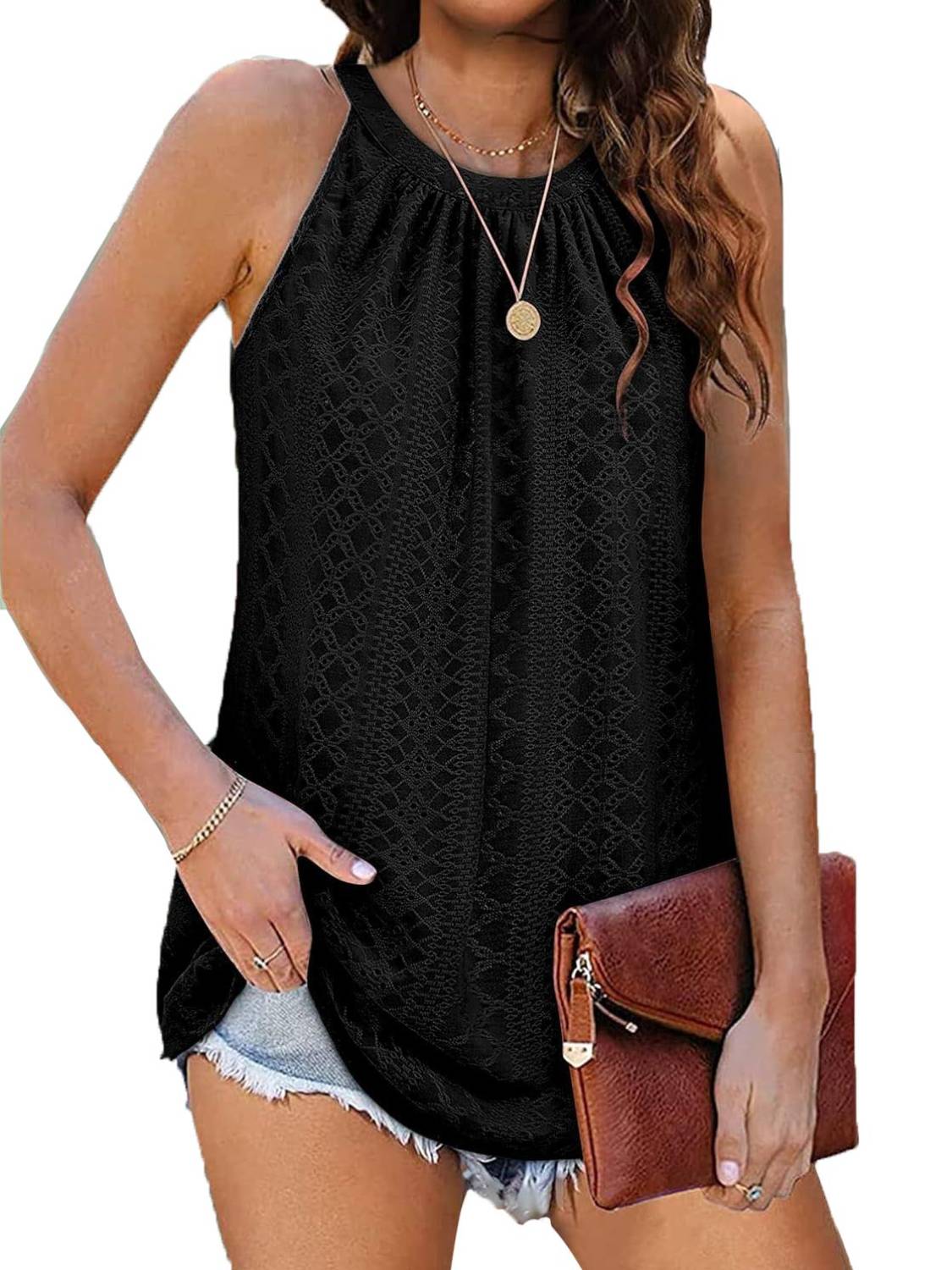 Women Casual Pleated Eyelet Loose Fit High Neck Sleeveless Halter Tank Tops