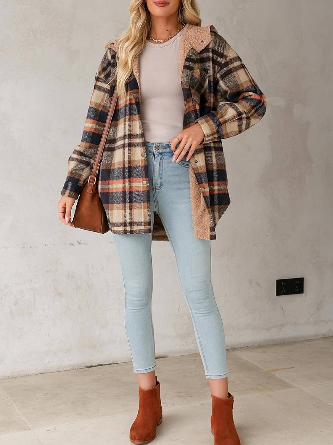 Women's Flannel Hooded Button down Fleece Plaid Shacket