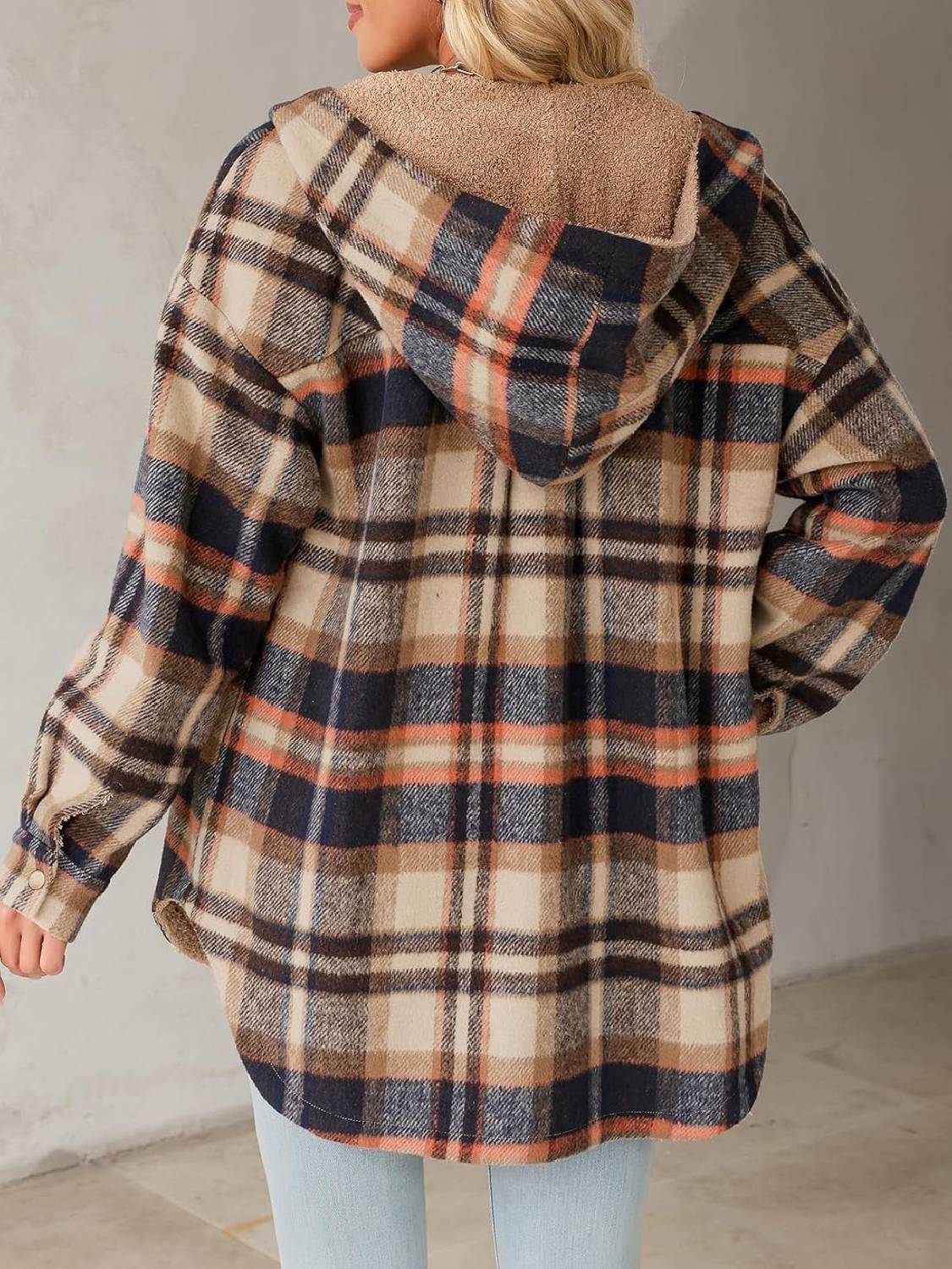 Women's Flannel Hooded Button down Fleece Plaid Shacket