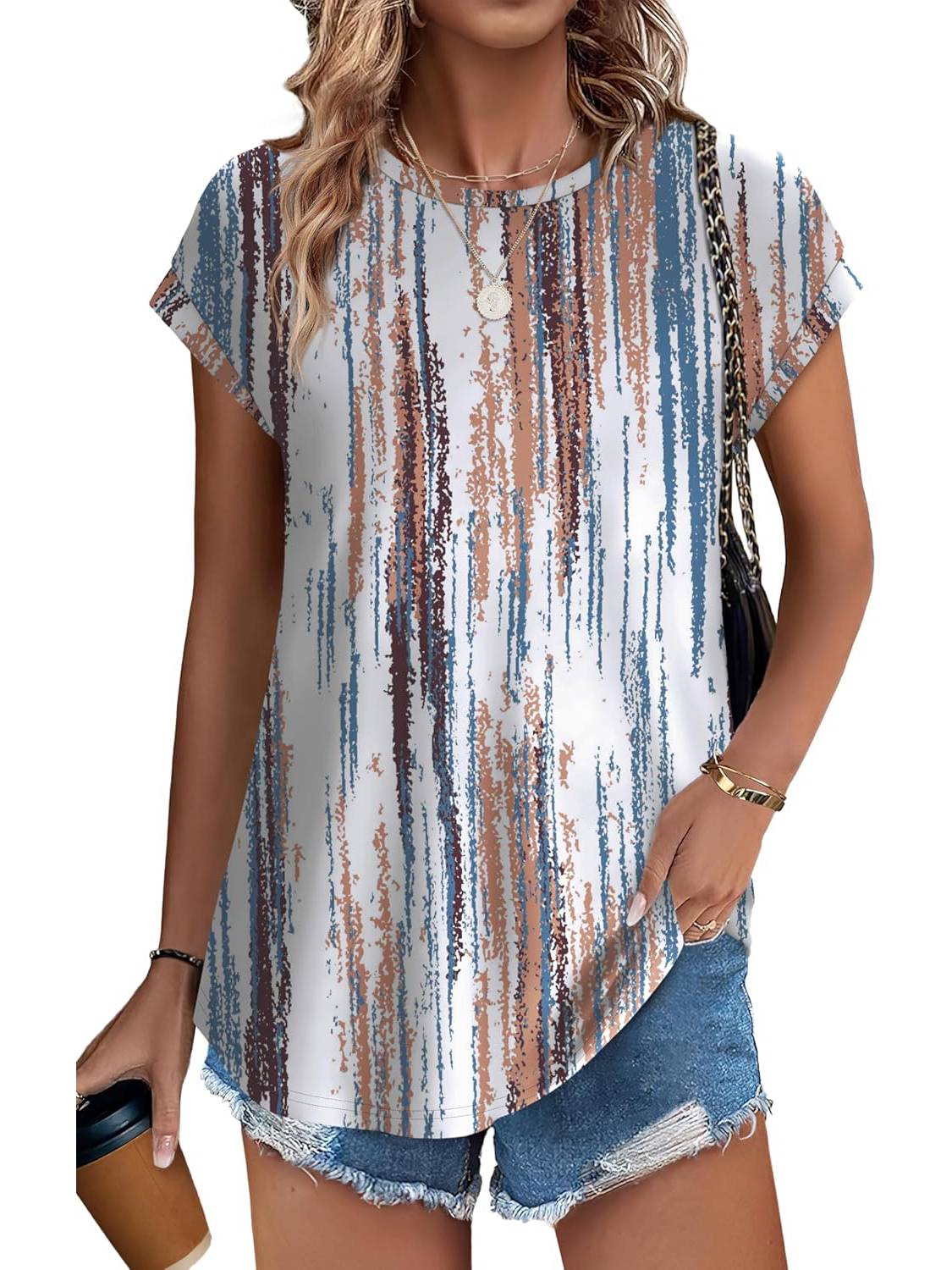 Womens Printing Dressy Casual Cap Sleeve Tops with Curved Hem