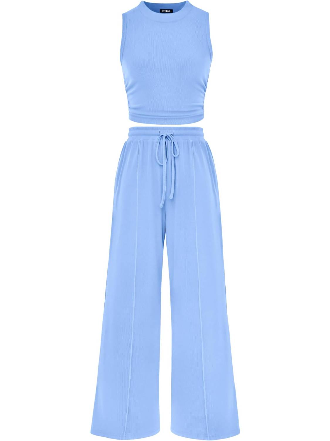 Women Crew Neck Sleeveless Cropped Top Elastic Waist Wide Leg Pants 2 Piece Set