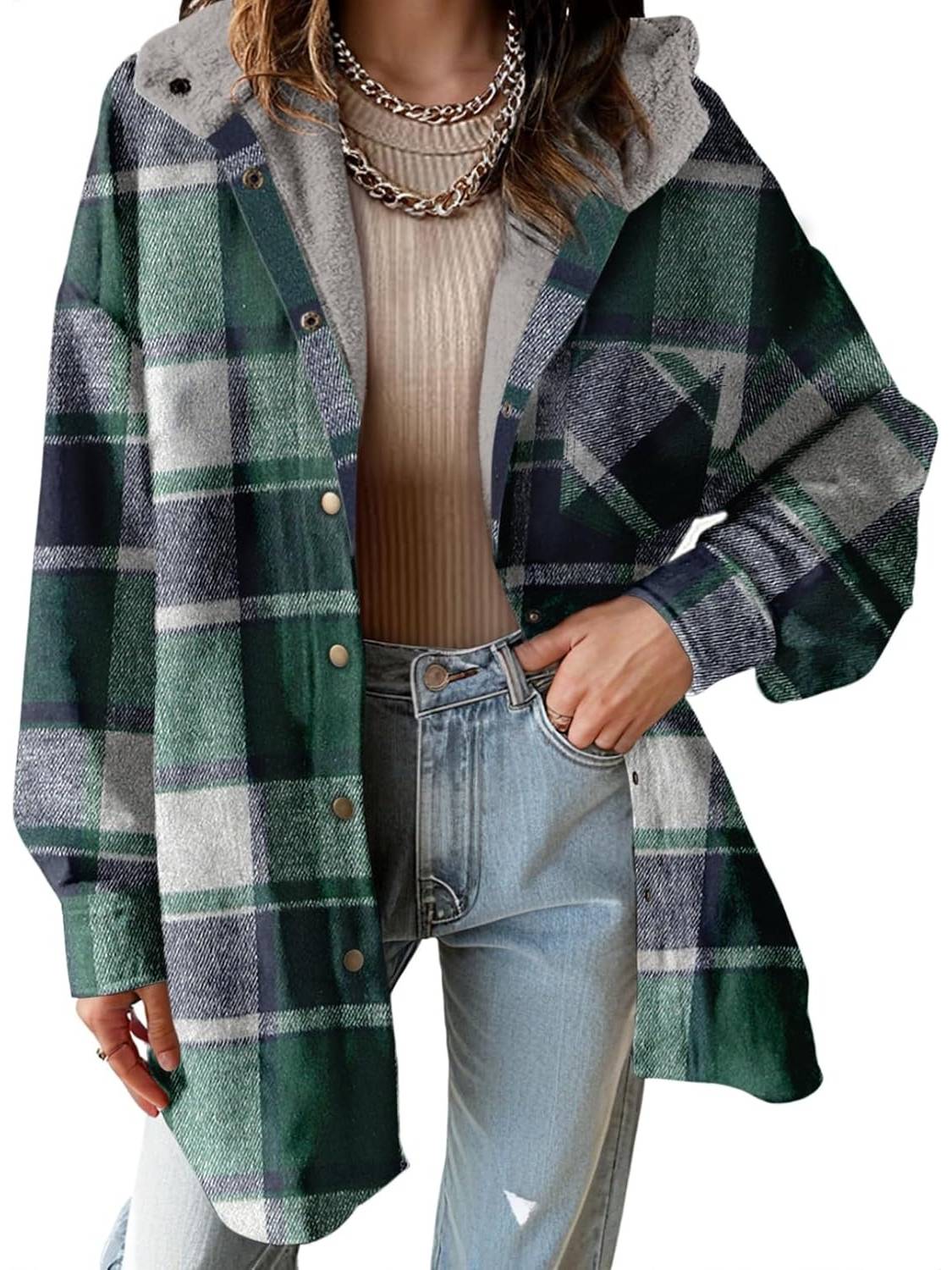Women's Flannel Hooded Button down Fleece Plaid Shacket