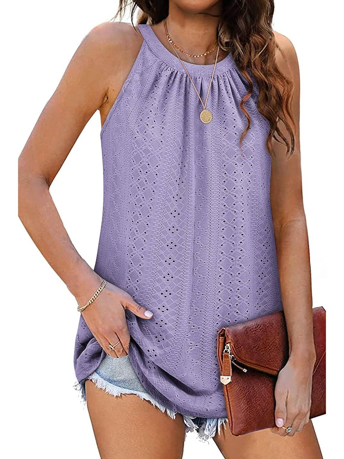 Women Casual Pleated Eyelet Loose Fit High Neck Sleeveless Halter Tank Tops