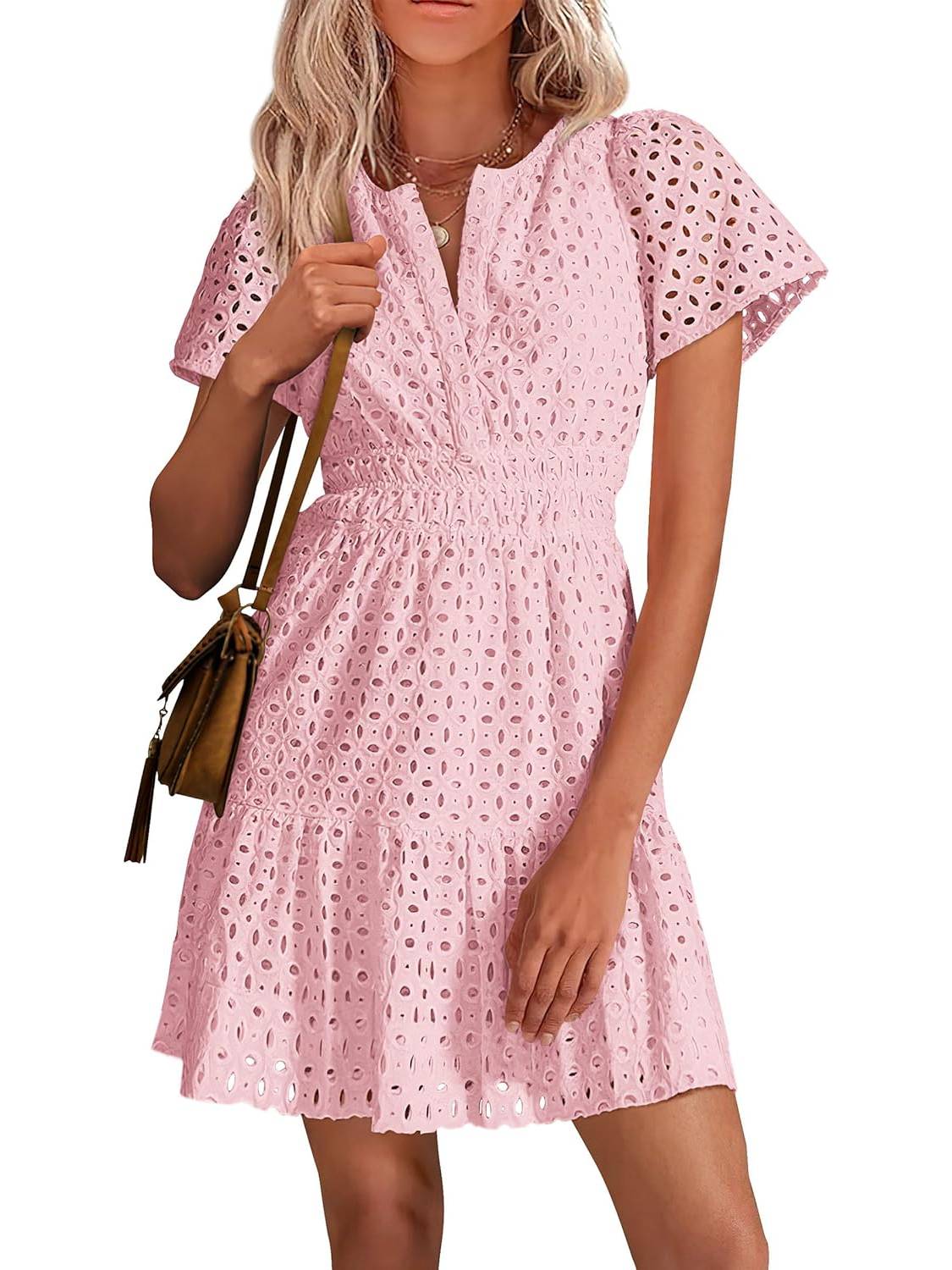 2025 New Womens V Neck Short Sleeve A Line Hollow Out Lace Ruffle Short Dress