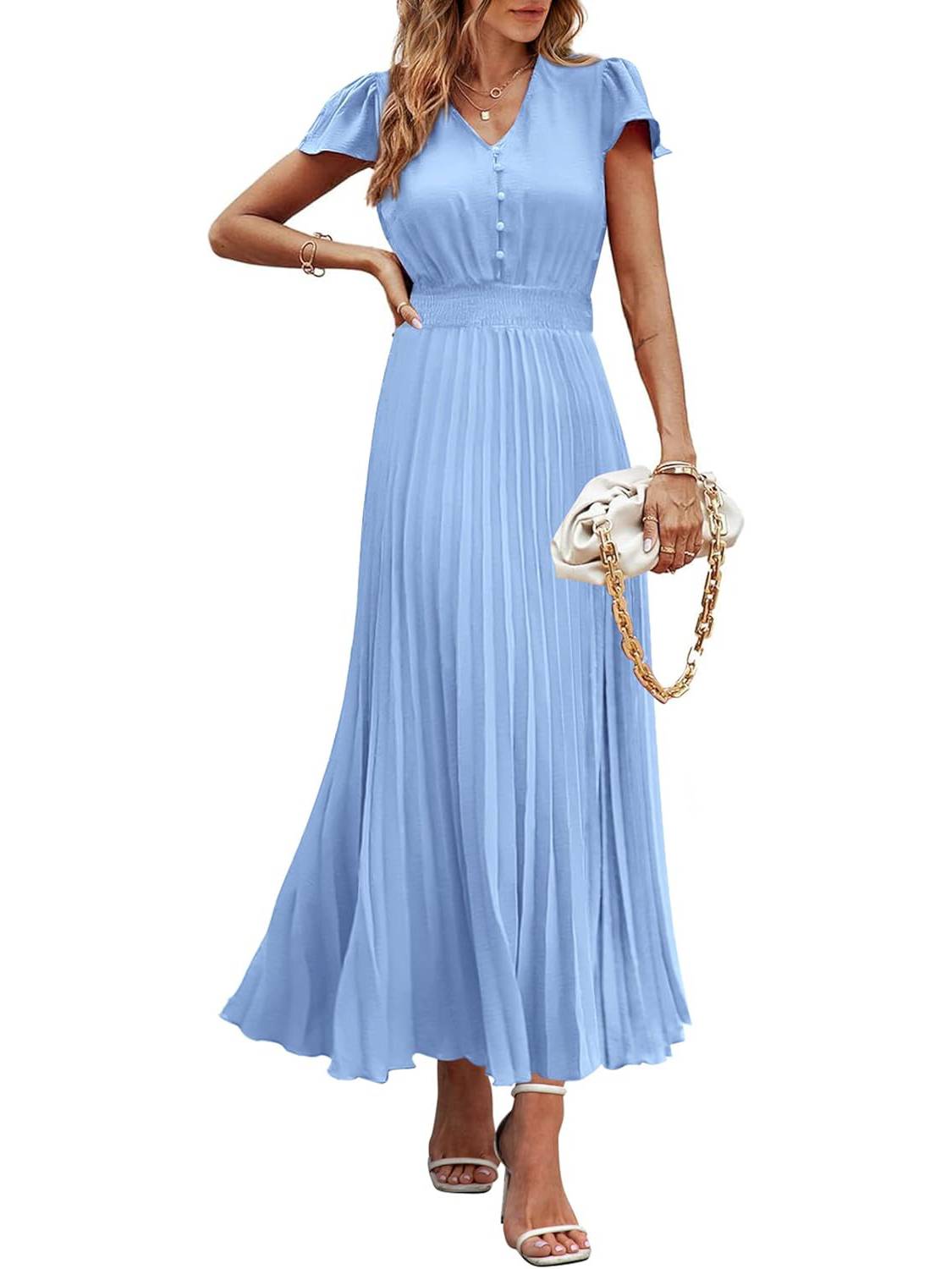 Women's Summer Maxi Dresses Button V Neck Ruffle Cap Sleeve Long Flowy Pleated Dress