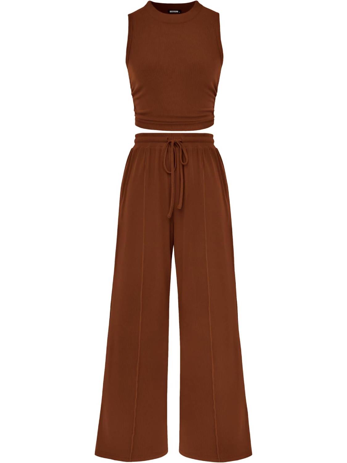 Women Crew Neck Sleeveless Cropped Top Elastic Waist Wide Leg Pants 2 Piece Set