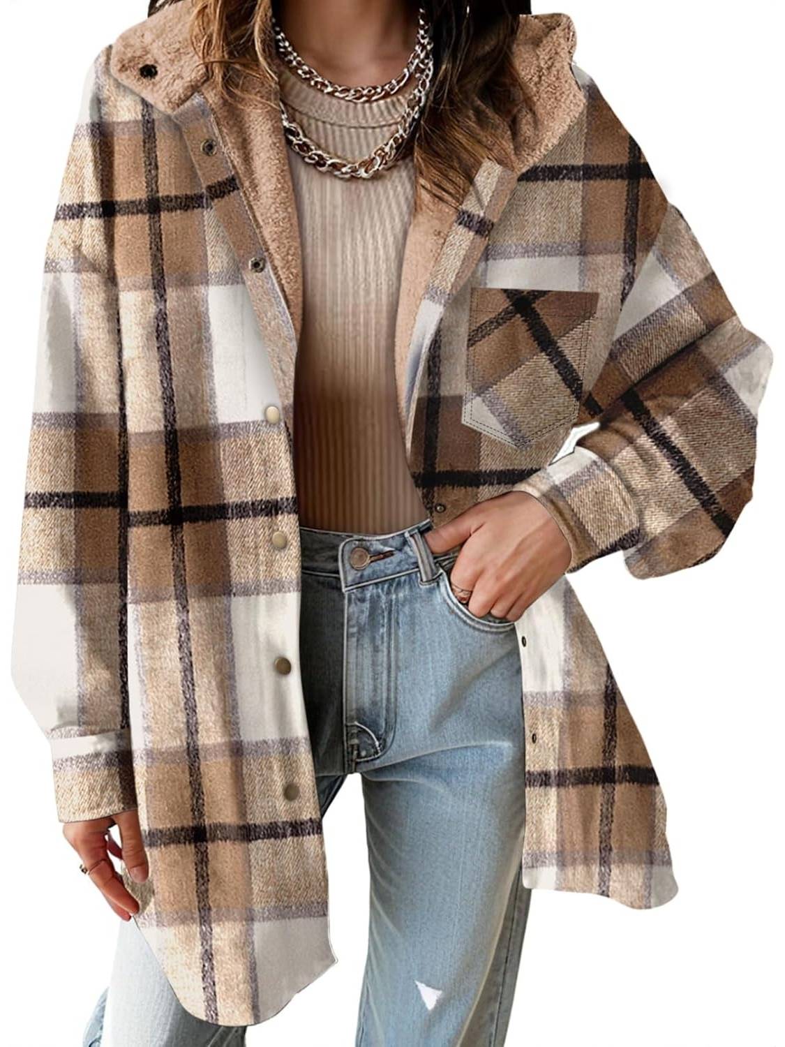 Women's Flannel Hooded Button down Fleece Plaid Shacket