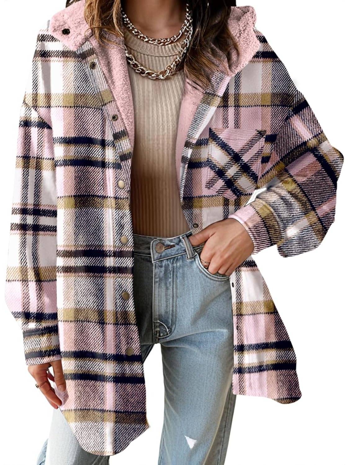 Women's Flannel Hooded Button down Fleece Plaid Shacket