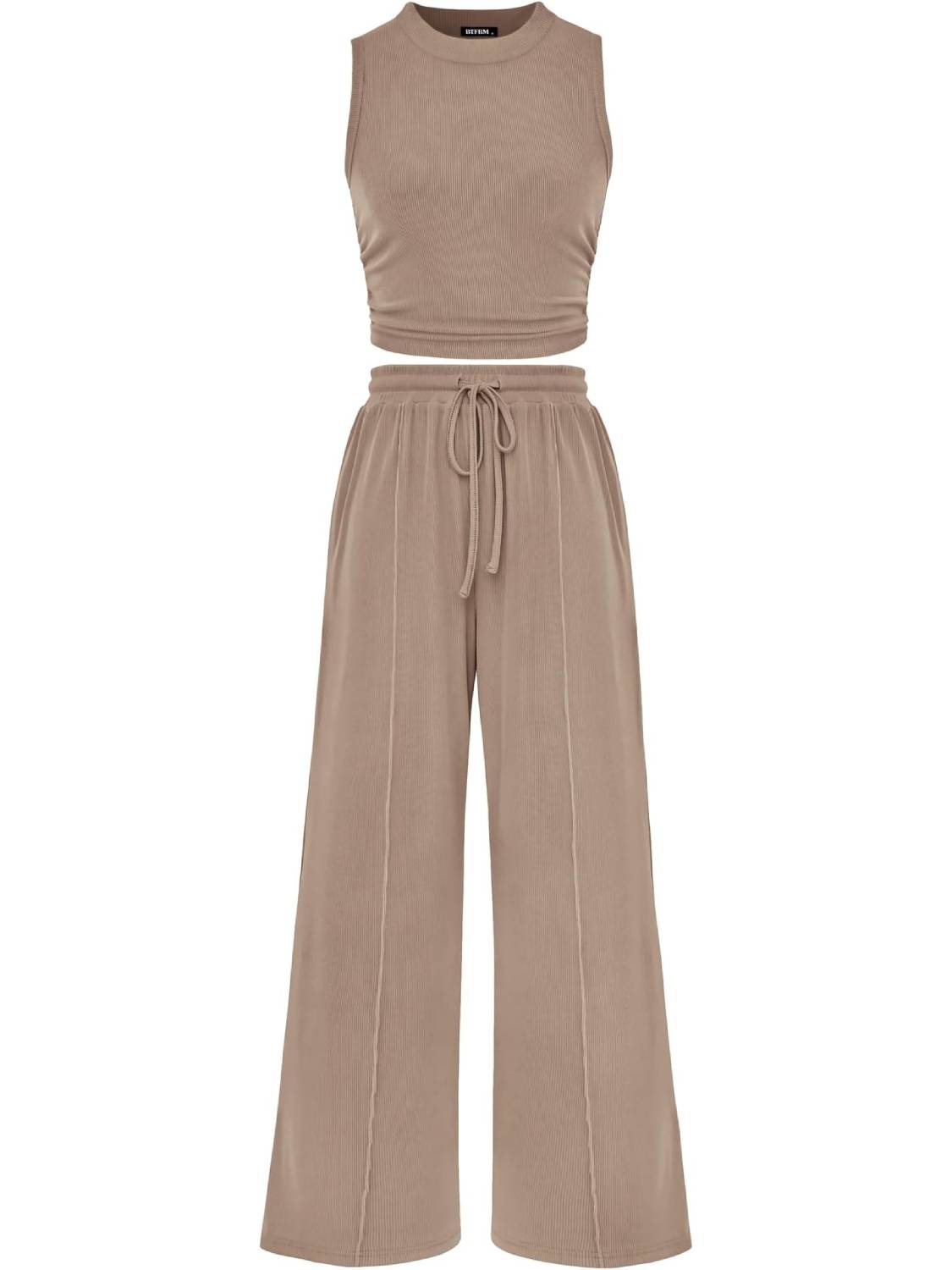 Women Crew Neck Sleeveless Cropped Top Elastic Waist Wide Leg Pants 2 Piece Set