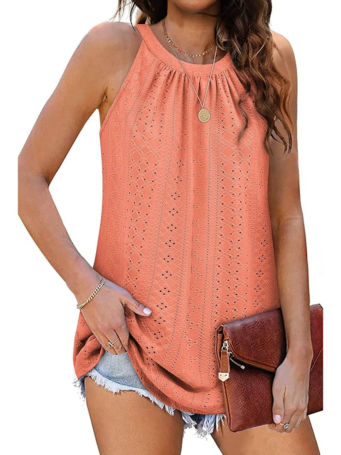 Women Casual Pleated Eyelet Loose Fit High Neck Sleeveless Halter Tank Tops