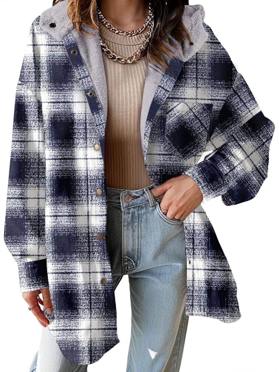 Women's Flannel Hooded Button down Fleece Plaid Shacket