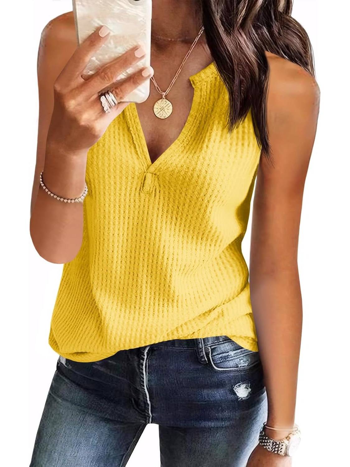 Womens V Neck Waffle Knit Summer Casual Sleeveless Loose Tank Tops