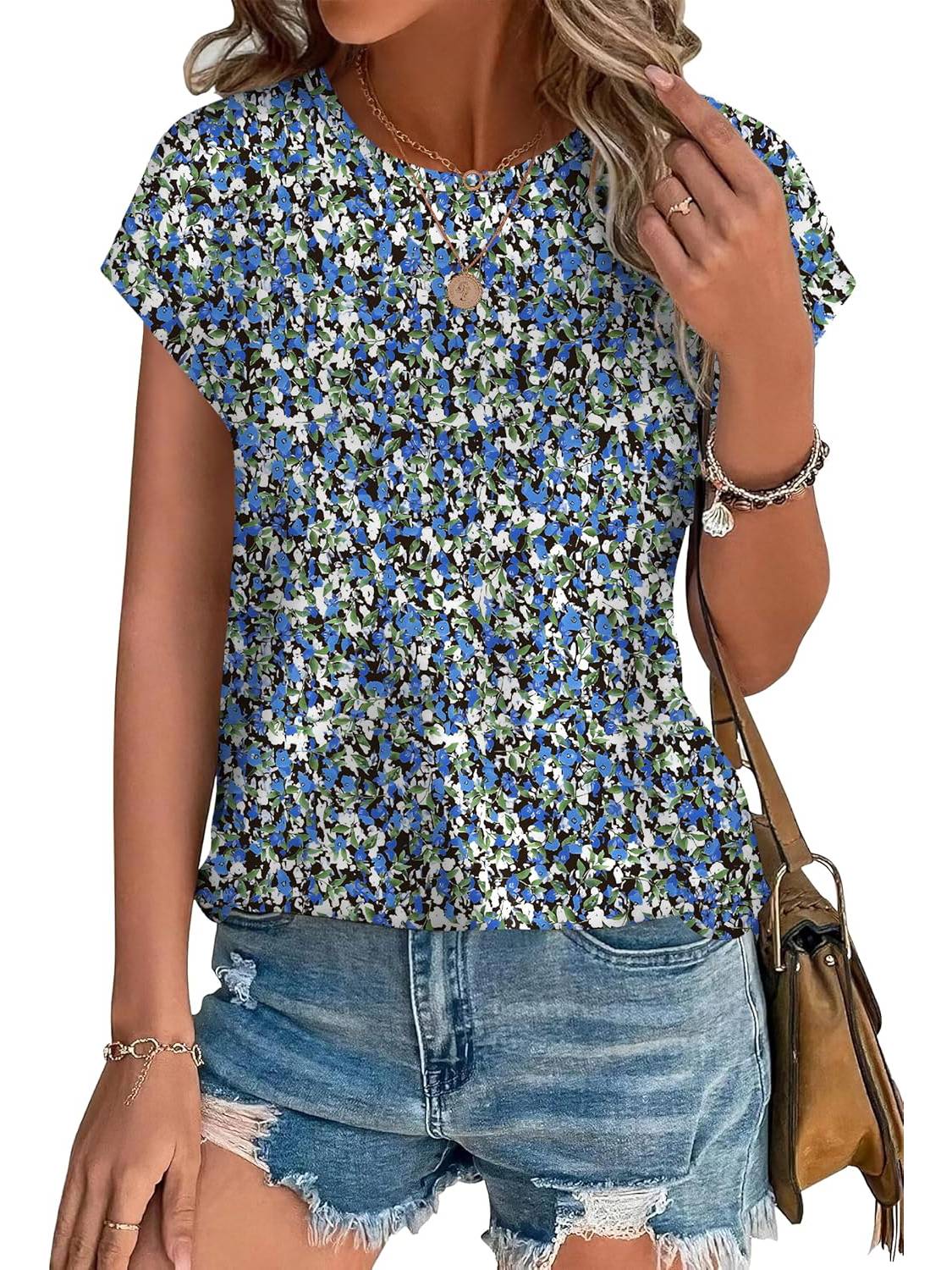 Womens Printing Dressy Casual Cap Sleeve Tops with Curved Hem