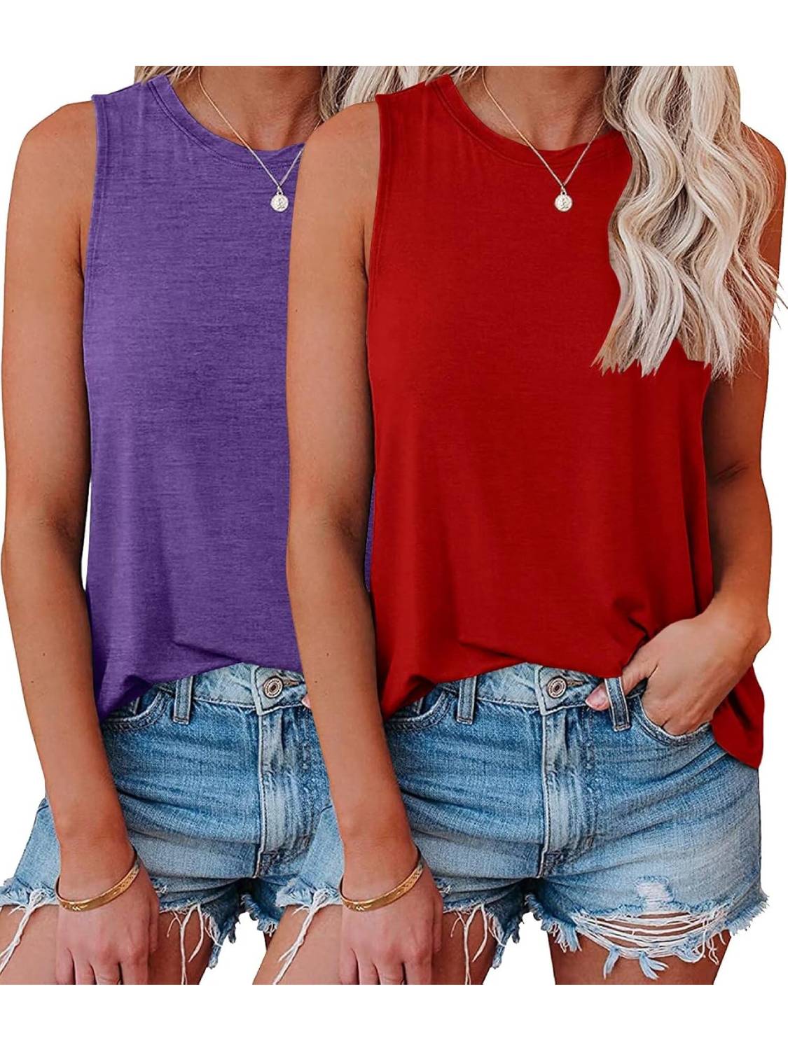 Womens Crew Neck Sleeveless Loose Fit Casual 2 Pack Tank Tops 
