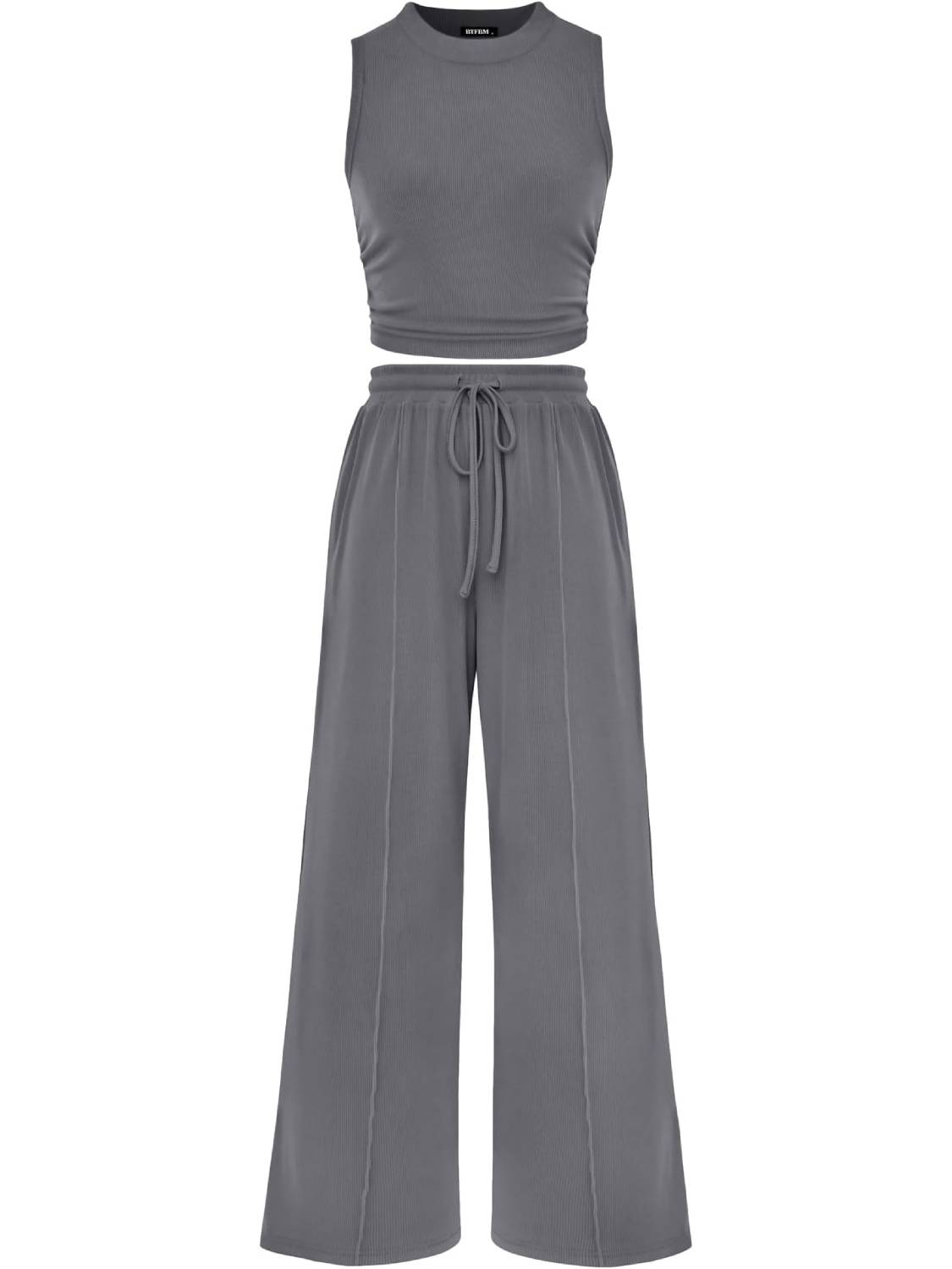 Women Crew Neck Sleeveless Cropped Top Elastic Waist Wide Leg Pants 2 Piece Set