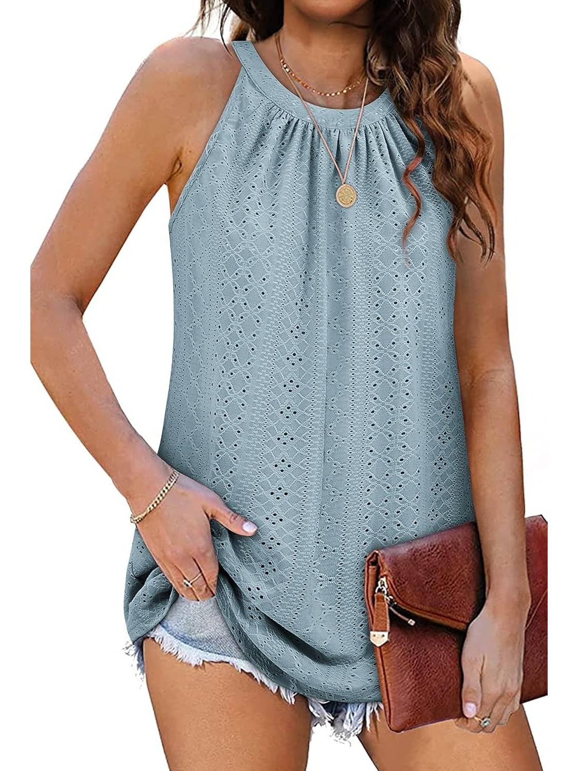 Women Casual Pleated Eyelet Loose Fit High Neck Sleeveless Halter Tank Tops