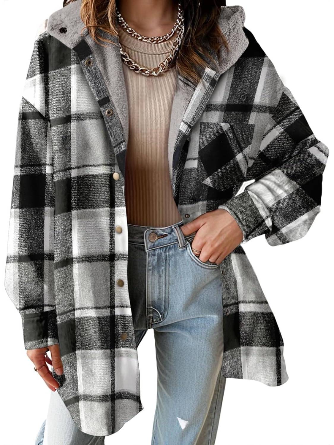Women's Flannel Hooded Button down Fleece Plaid Shacket