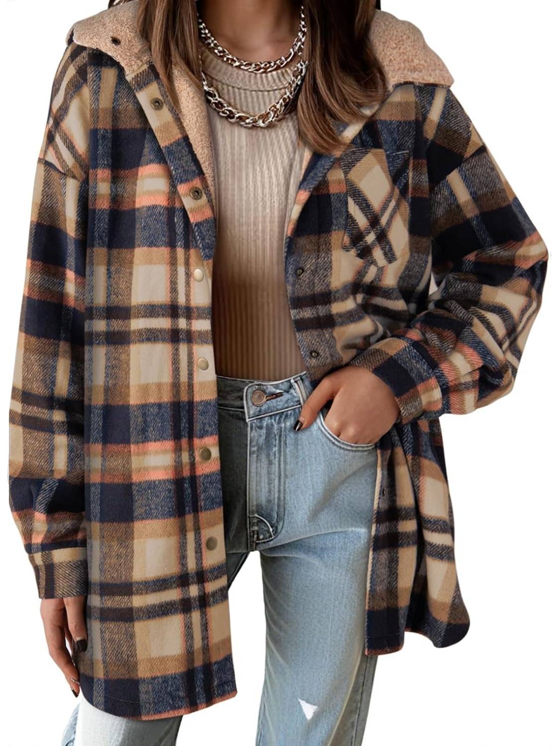 Women's Flannel Hooded Button down Fleece Plaid Shacket