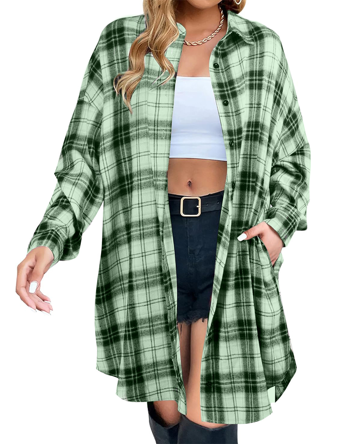 Women's Button Down Flannel Shirts Plaid Shacket  Collared Long Jacket Coats(BUY 2 FREE SHIPPING)