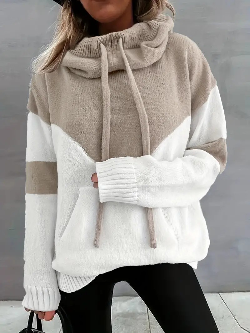 Cozy Color Block Knit Hoodie with Drawstring Details (Final Days: Big Savings!!!)