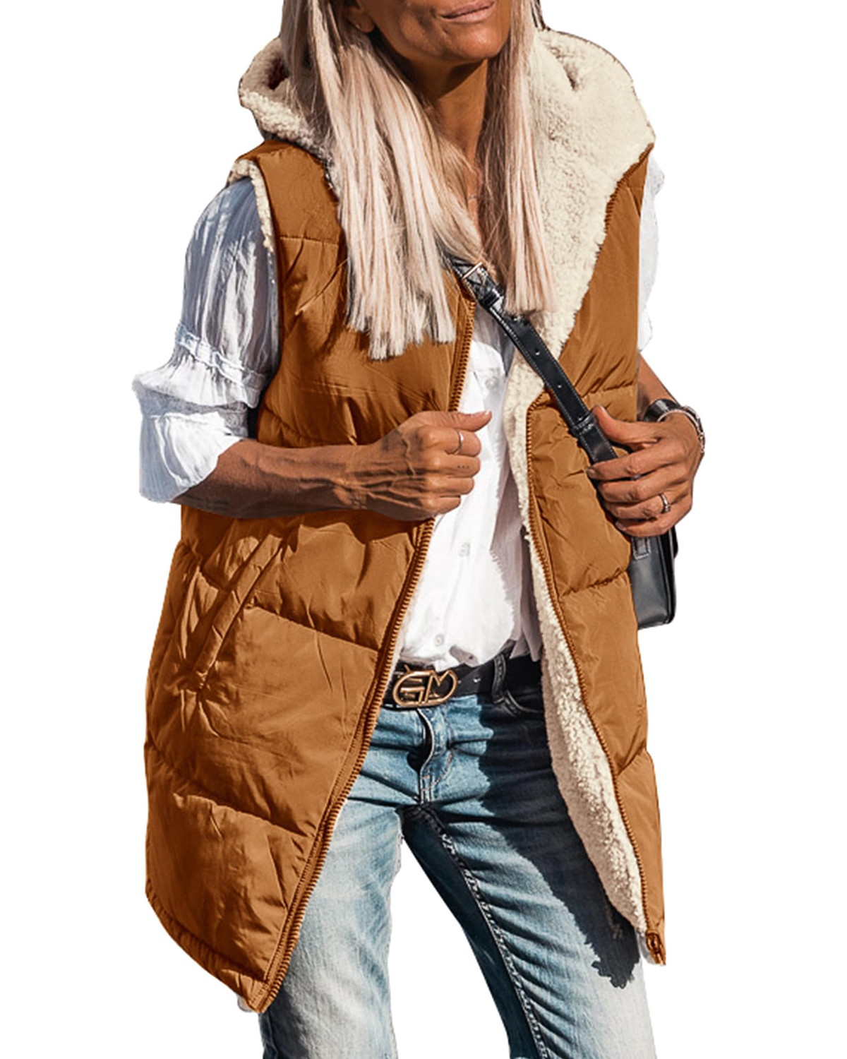 Women's Sleeveless Hooded Reversible Fleece Jacket Zip Up Coat Outerwear Vests(BUY 2 FREE SHIPPING)