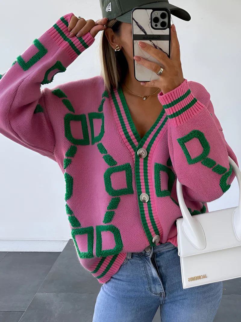 Women's Sweater Cardigan Oversized Button Down Geometric Loose Knit Outerwear(BUY 2 FREE SHIPPING)