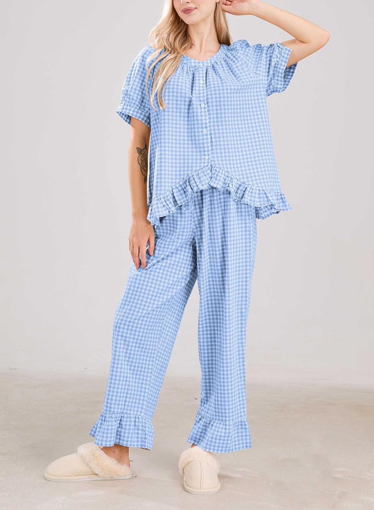 Womens Gingham Pajama Set 2 Piece Short Sleeve Babydoll Shirt and Pants Lounge Set (BUY 2 FREE SHIPPING)