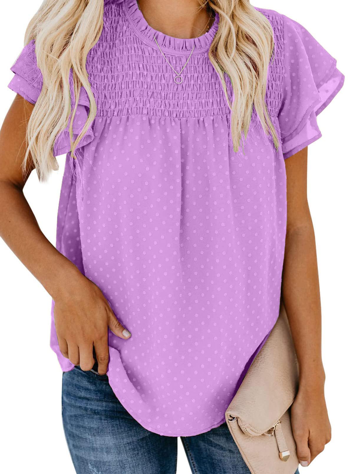 Womens Crewneck Lace Crochet Pom Pom Flowy Short Sleeve Casual Shirts Blouses