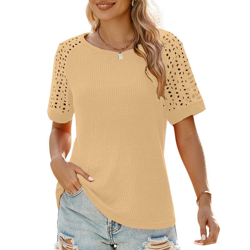 Women Casual Round Neck Waffle Grid Patchwork Hollow Out Embroidered T-Shirt