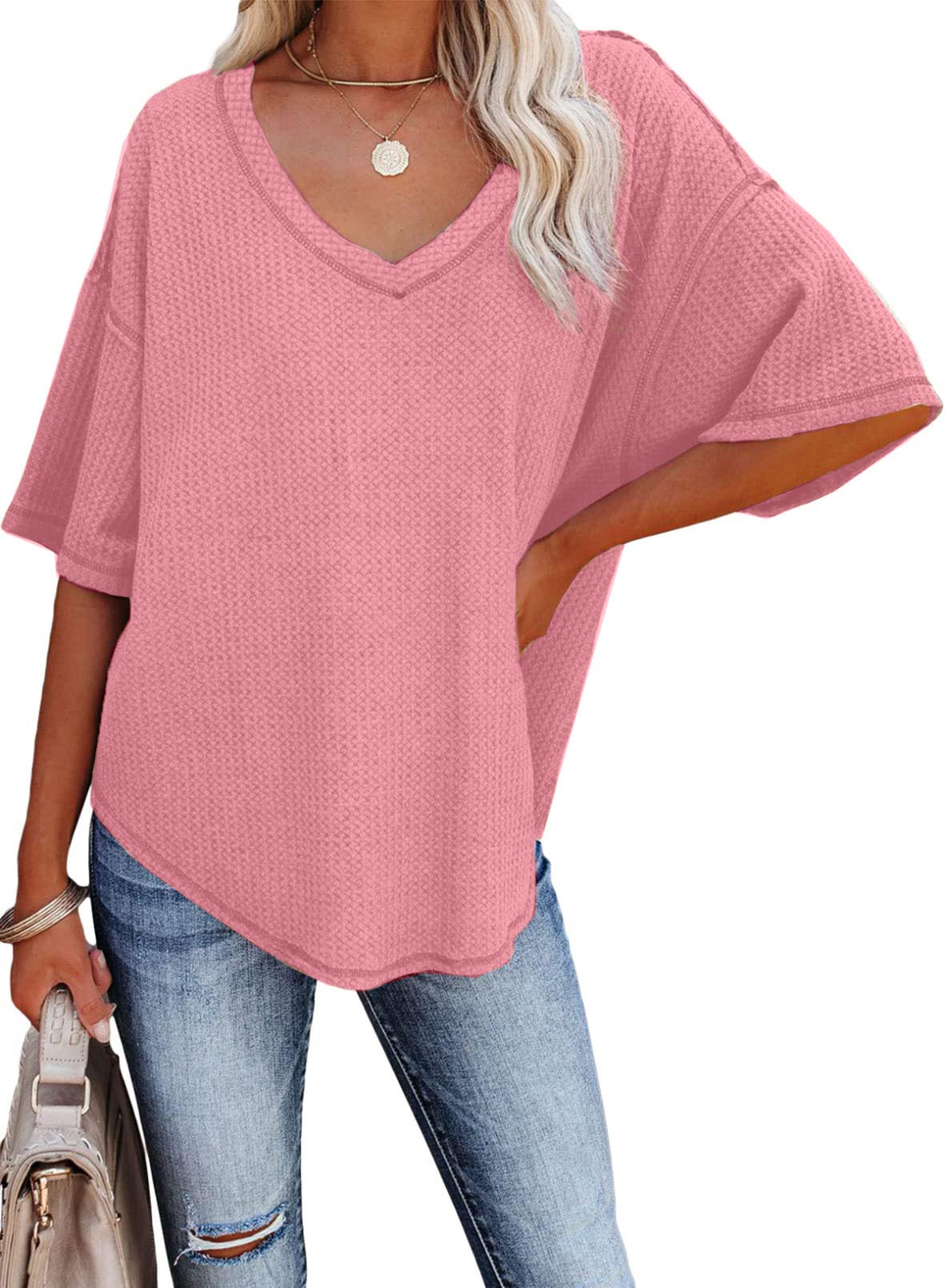 2025 New Women's Causual V Neck Short Sleeve Shirts Waffle Knit Loose Tunic Tops(buy 3 free shipping)