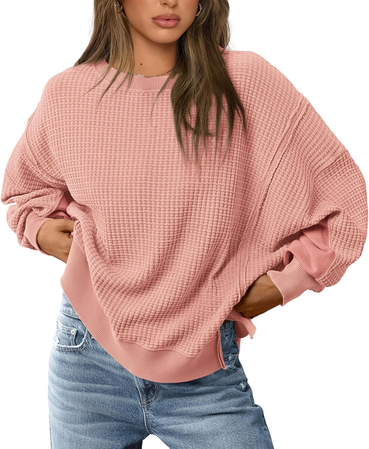 2025 Womens Oversized Crewneck Waffle Knit Sweatshirt