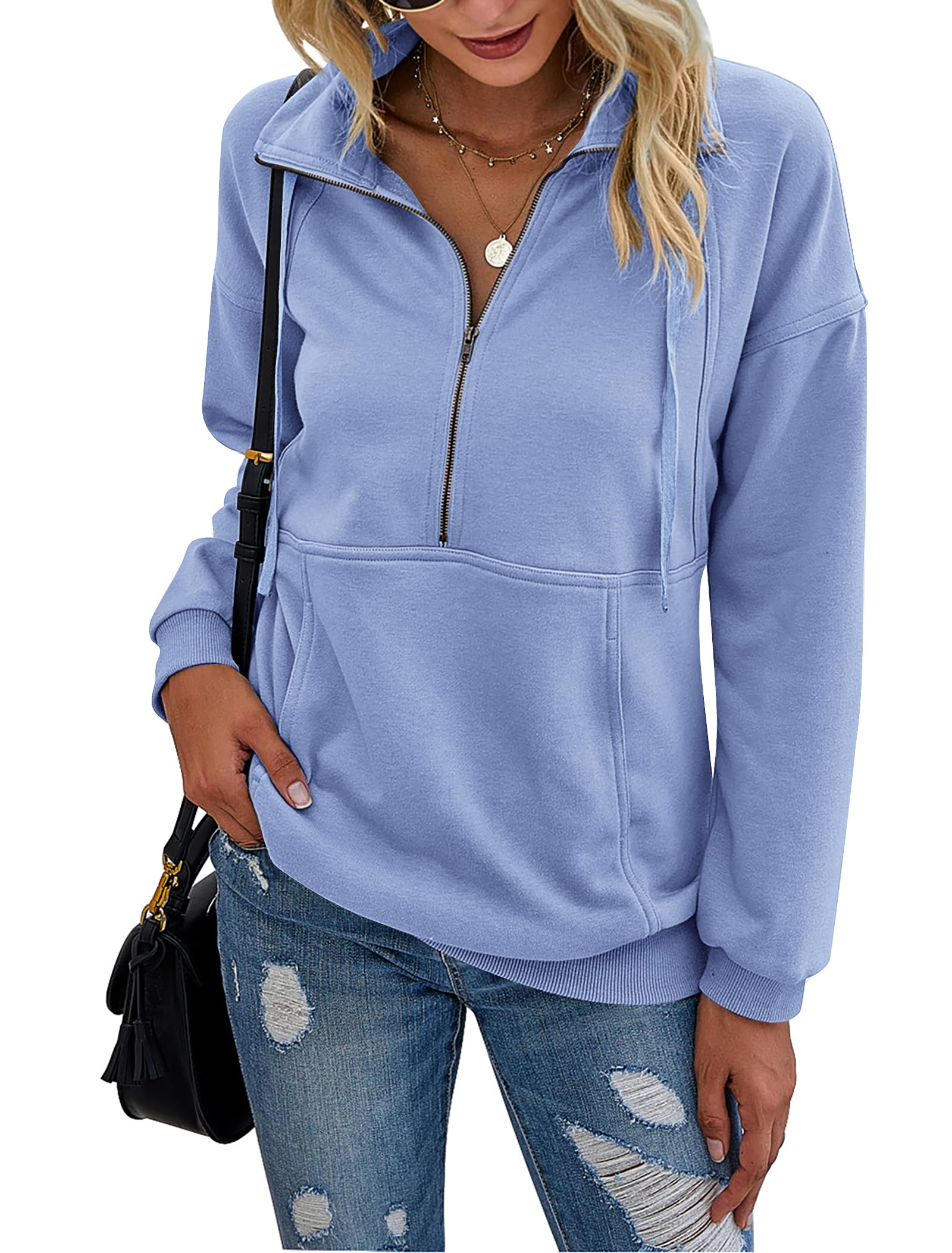 Women's Casual Long Sleeve Lapel Zipper Sweatshirt Drawstring Loose Pullover Tops (Buy 2 Free Shipping!!!)