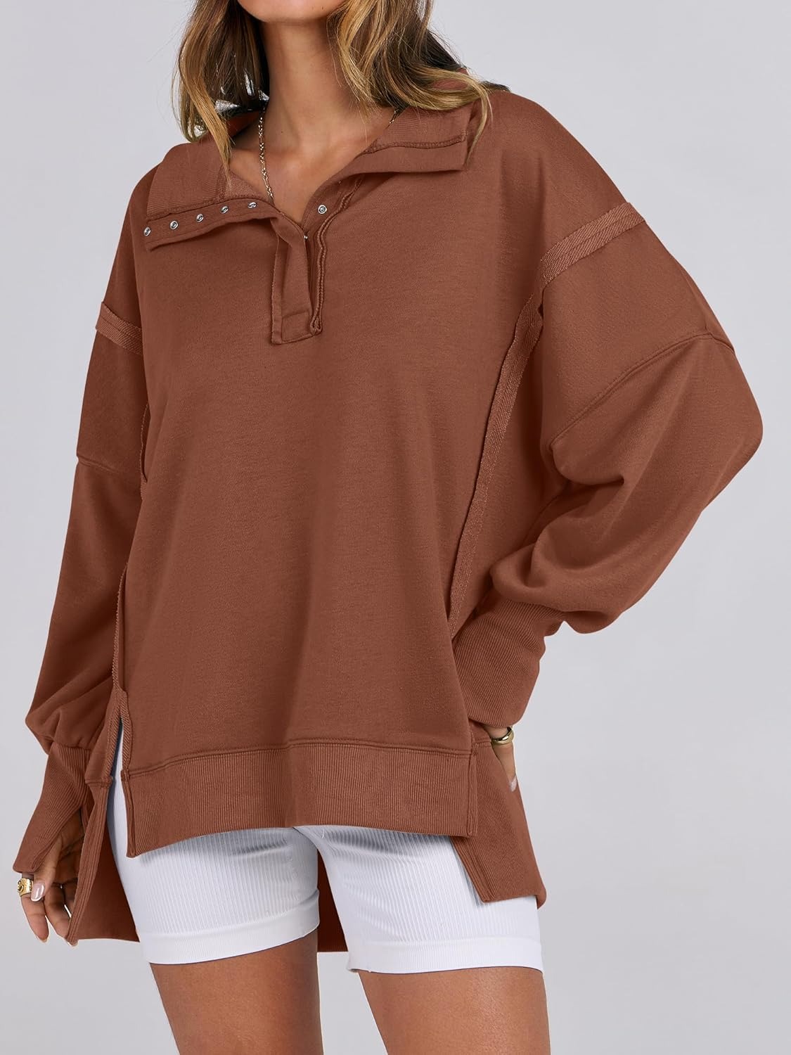 ⏰Hot Sale-Women's Oversized High Low Split Button Up Henley Pullover Top