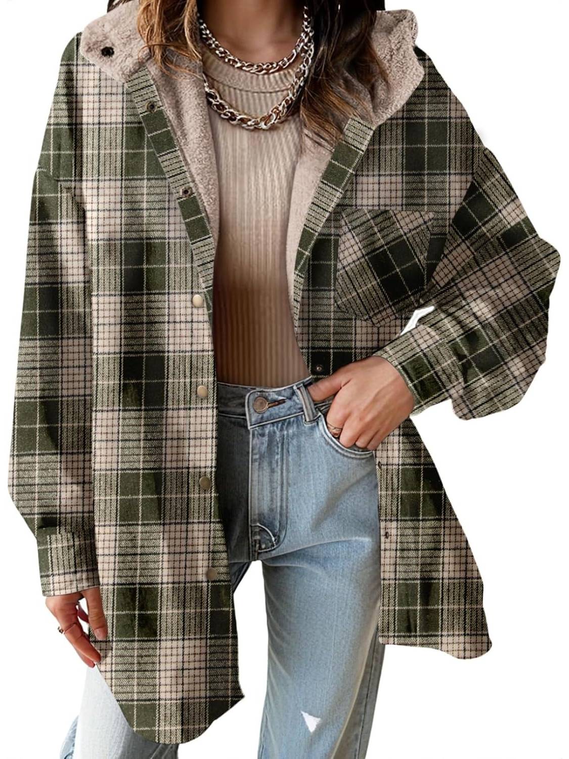 Women's Flannel Hooded Button down Fleece Plaid Shacket
