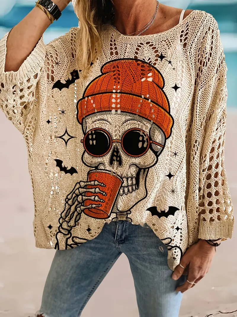 Halloween Crew Neck Pumpkin Loose Fit Long Sleeve Cutout Sweater(BUY 2 FREE SHIPPING)
