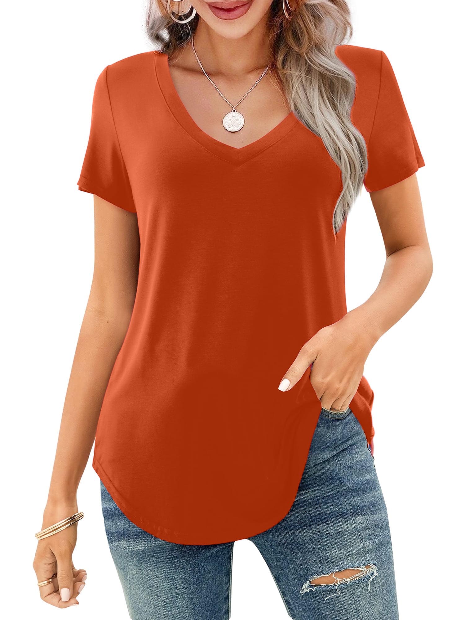 Women's V-neck Short Sleeve Curved Hem Tee Top (Buy 3 Free Shipping)