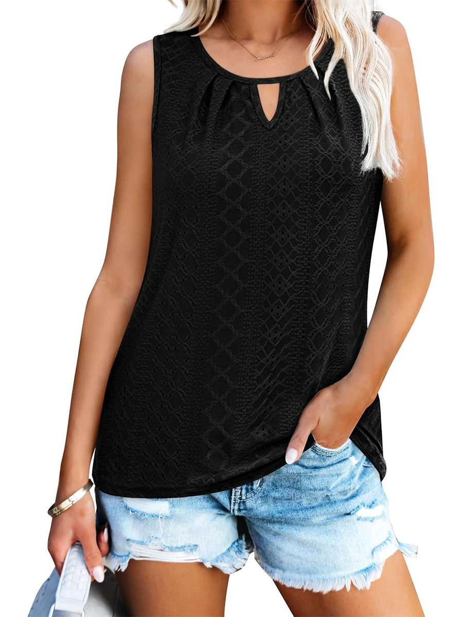 Women's Keyhole Neck Trendy Sleeveless Pleated Tank Tops