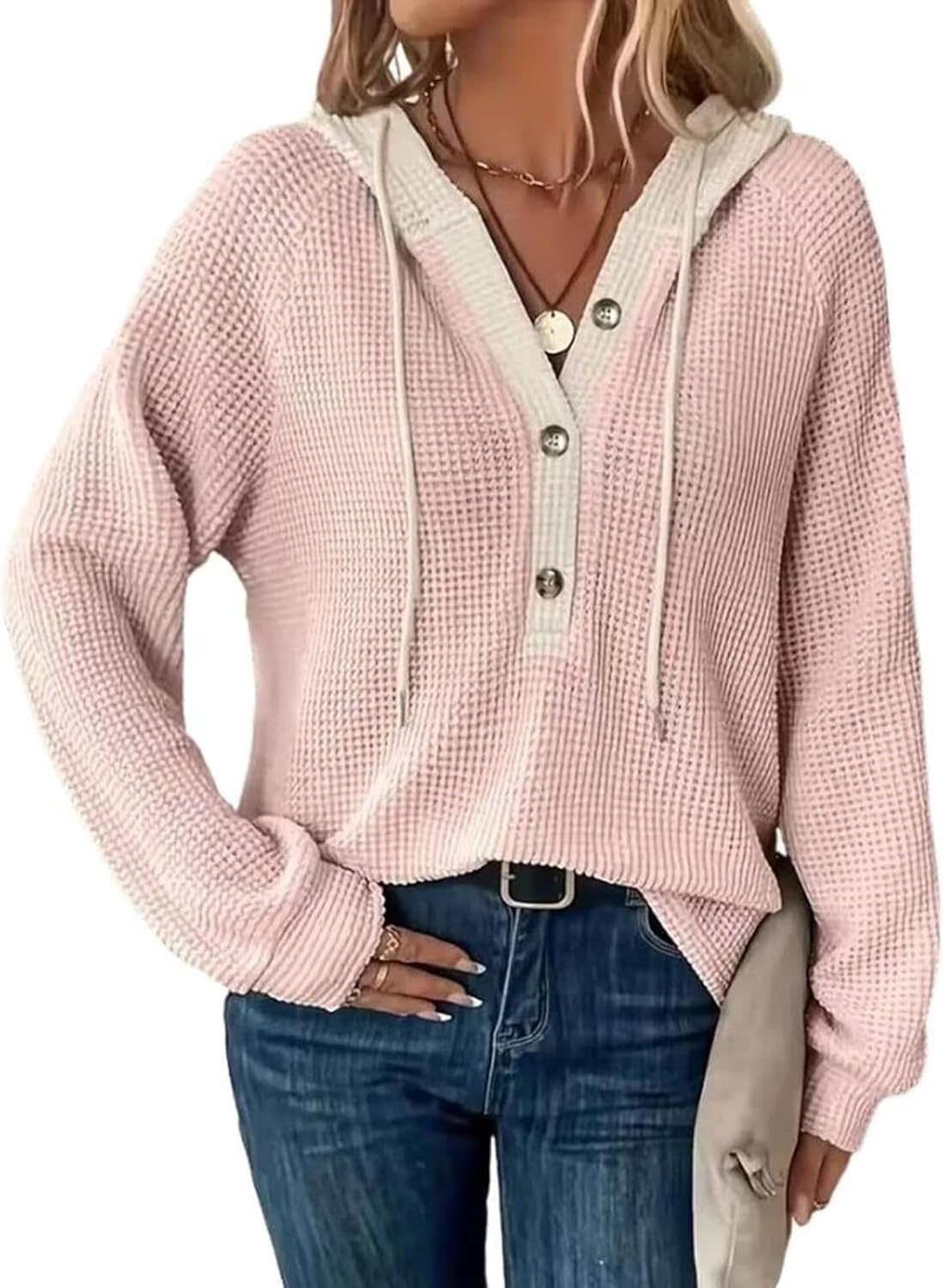 Women's Waffle Knit Drawstring Button Long Sleeve Hoodie