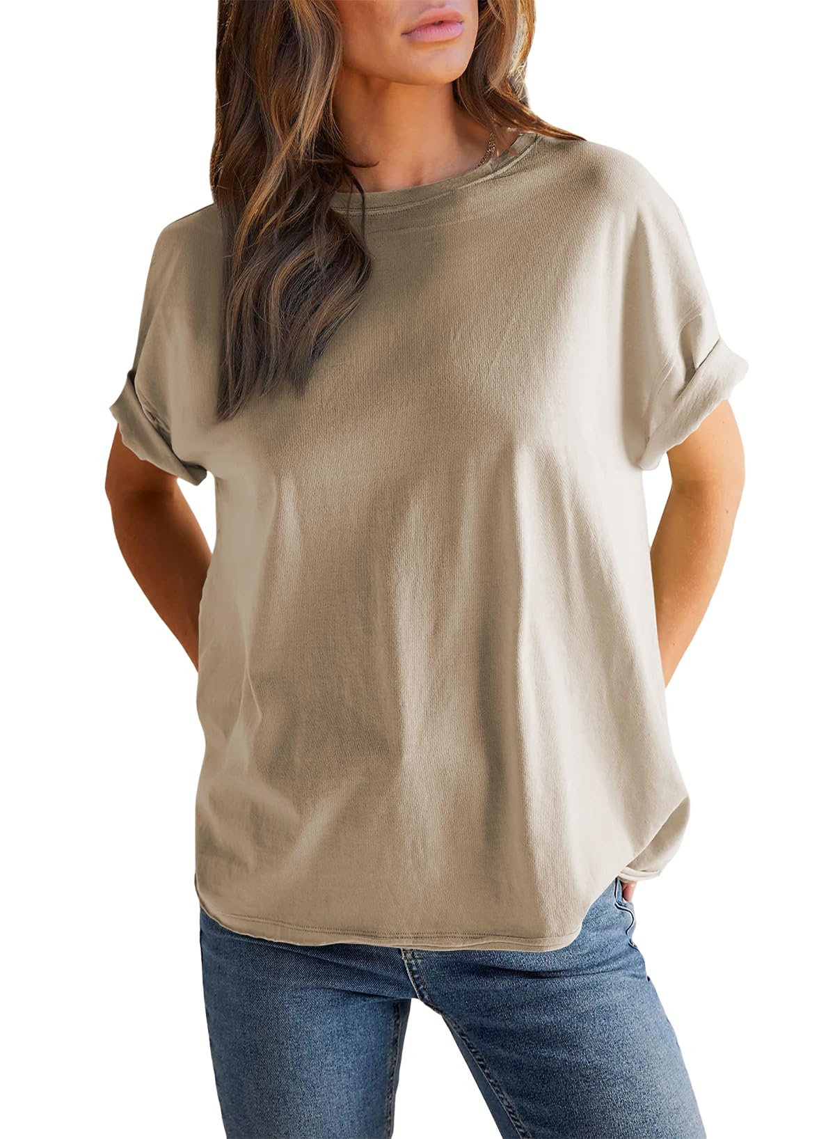 Round neck solid color short sleeve back spliced T-shirt cotton tee