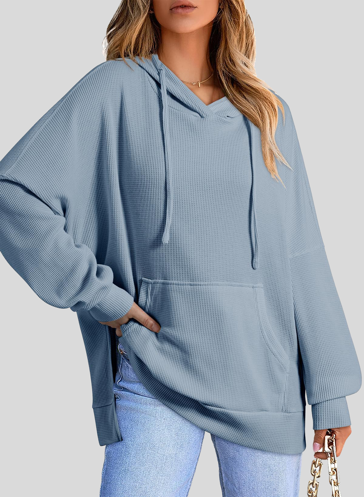 Oversized Hoodies for Women Waffle Knit Drawstring Side Slit Pullover Sweatshirts with Pocket (Final Days: Big Savings!!!)