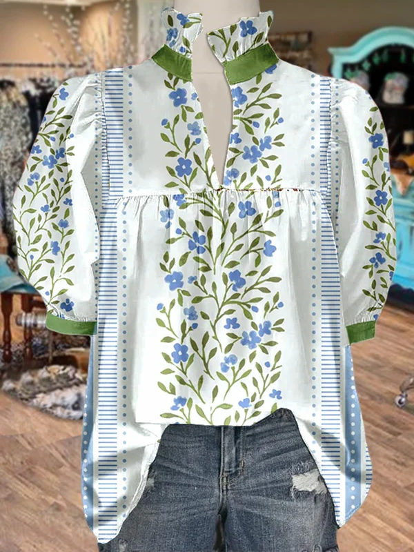 Spring Floral Print Puff Sleeve Blouse