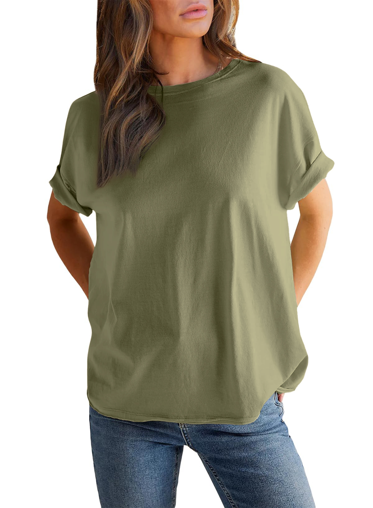 Round neck solid color short sleeve back spliced T-shirt cotton tee